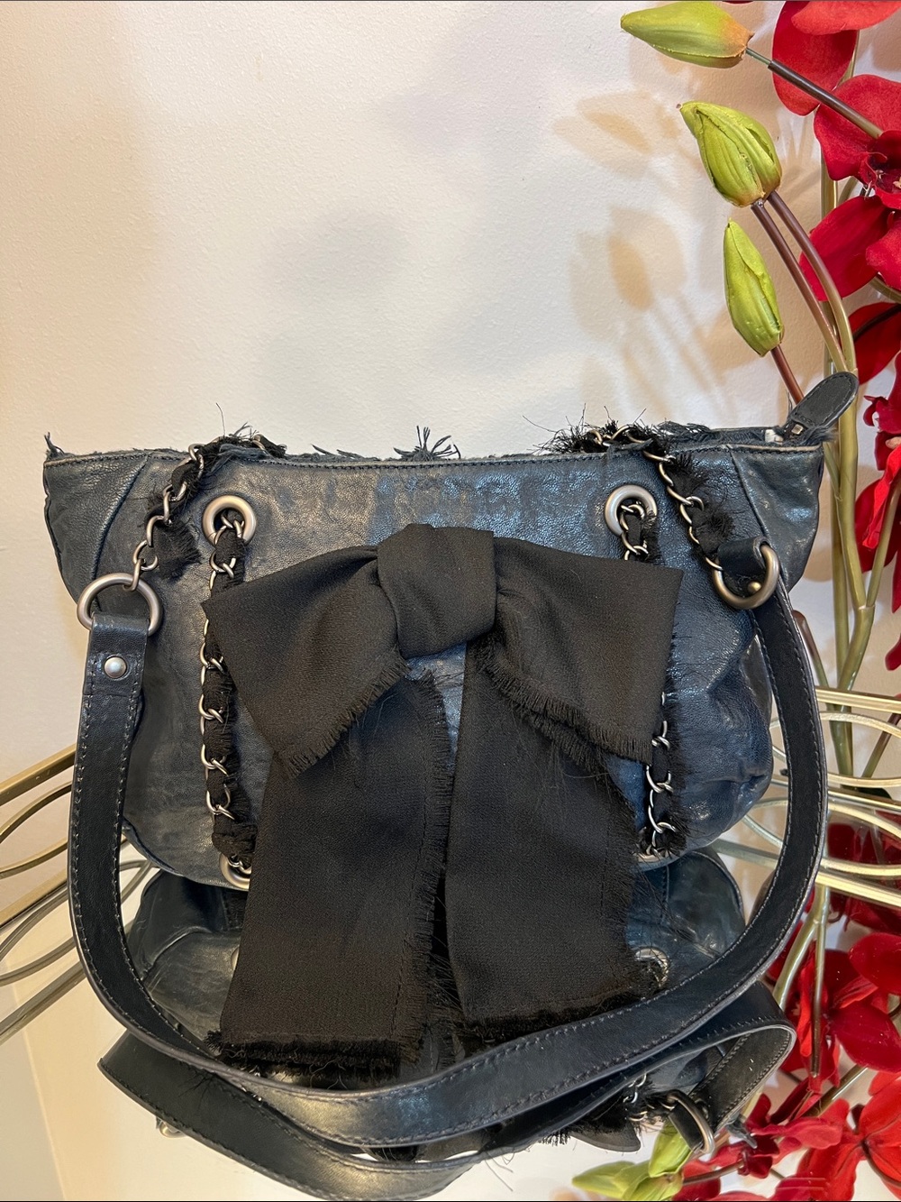 Anthropologie Miss Albright Black Leather Ribbon Bow Chain Strap Shoulder Bag